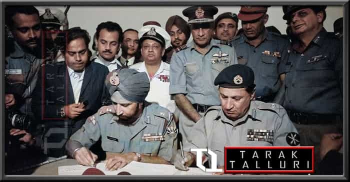 Chief of Staff of the Indian Army General Jagjit Singh Aurora and Lt. General AAK Niazi of the Pakistani Army sign the papers on December 16, 1971 that ended the war between the two countries and led to the creation of Bangladesh.