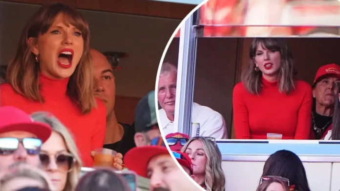 Taylor Swift at Chiefs vs Chargers game wearing a red outfit at Arrowhead Stadium Copy